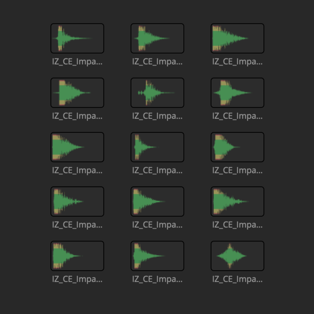 Waveform thumbnails of the 15 impacts and hits in the Cinematic Essentials SFX Collection
