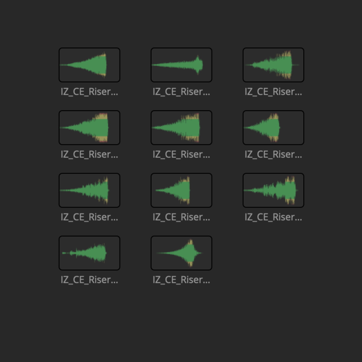 Waveform thumbnails of the 11 risers and builds in the Cinematic Essentials SFX Collection
