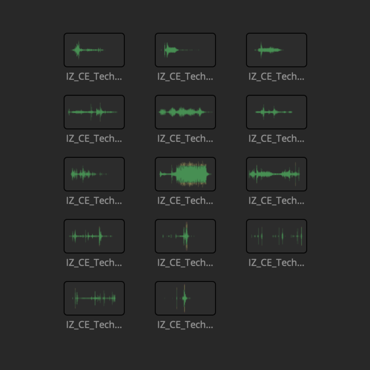 Waveform thumbnails of the 14 mechanical and tech sounds in the Cinematic Essentials SFX Collection