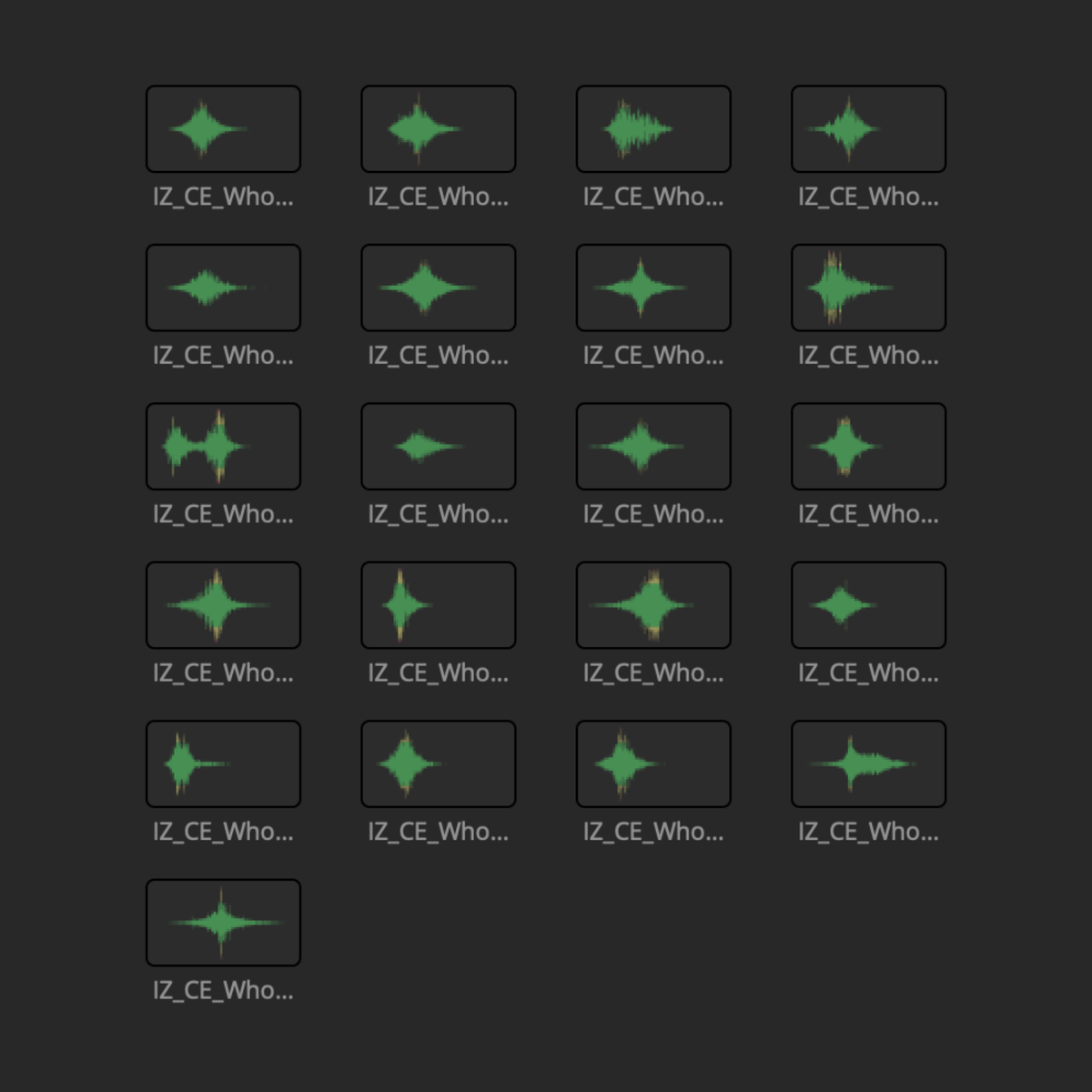 Waveform thumbnails of the 21 whooshes and transitions in the Cinematic Essentials SFX Collection