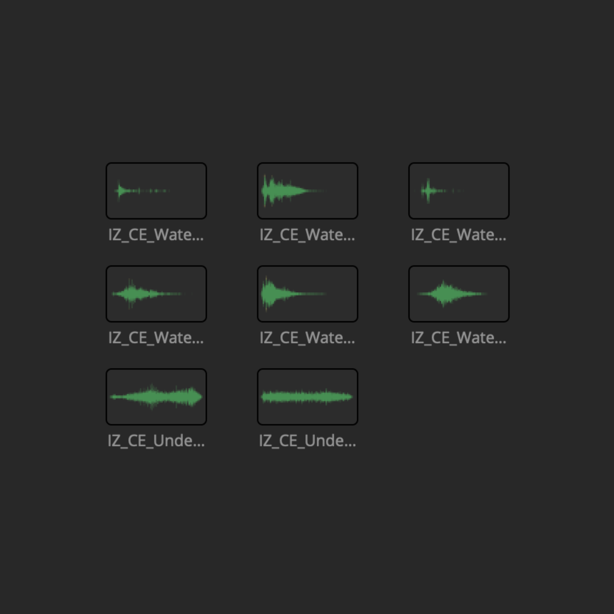 Waveform thumbnails of the 8 water and splash sounds in the Cinematic Essentials SFX Collection