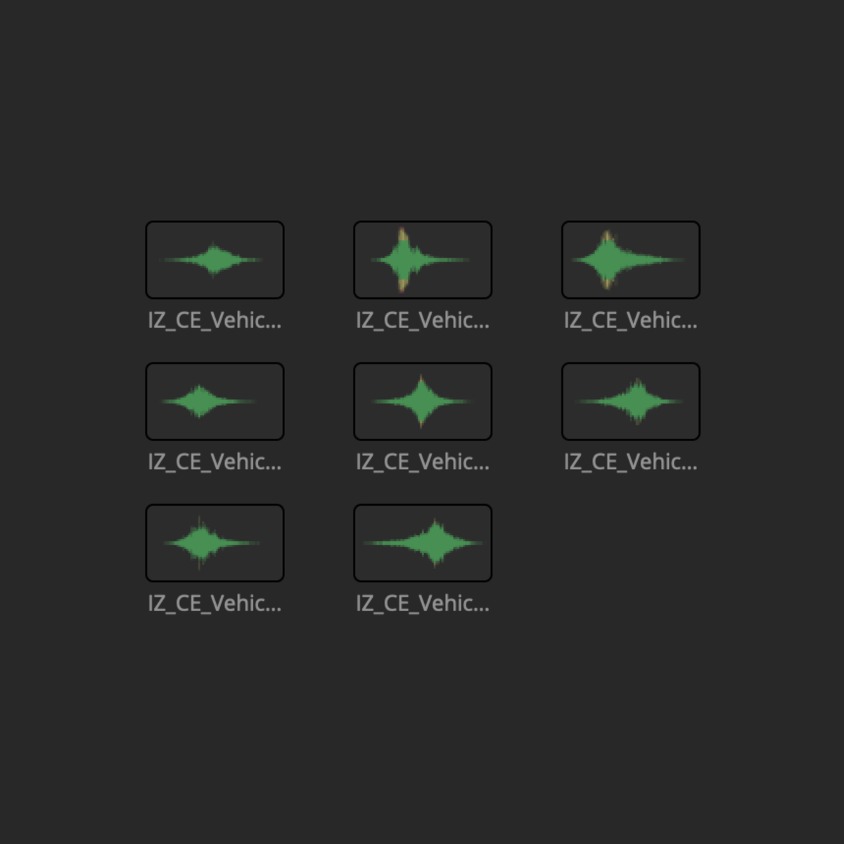 Waveform thumbnails of the 8 vehicle pass-by sounds in the Cinematic Essentials SFX Collection