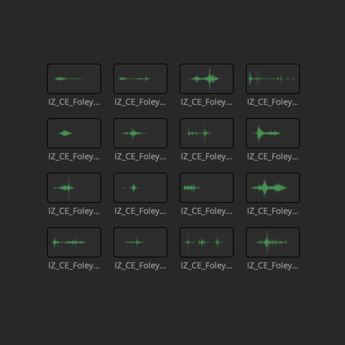 Waveform thumbnails of the 16 foley and movement sounds in the Cinematic Essentials SFX Collection
