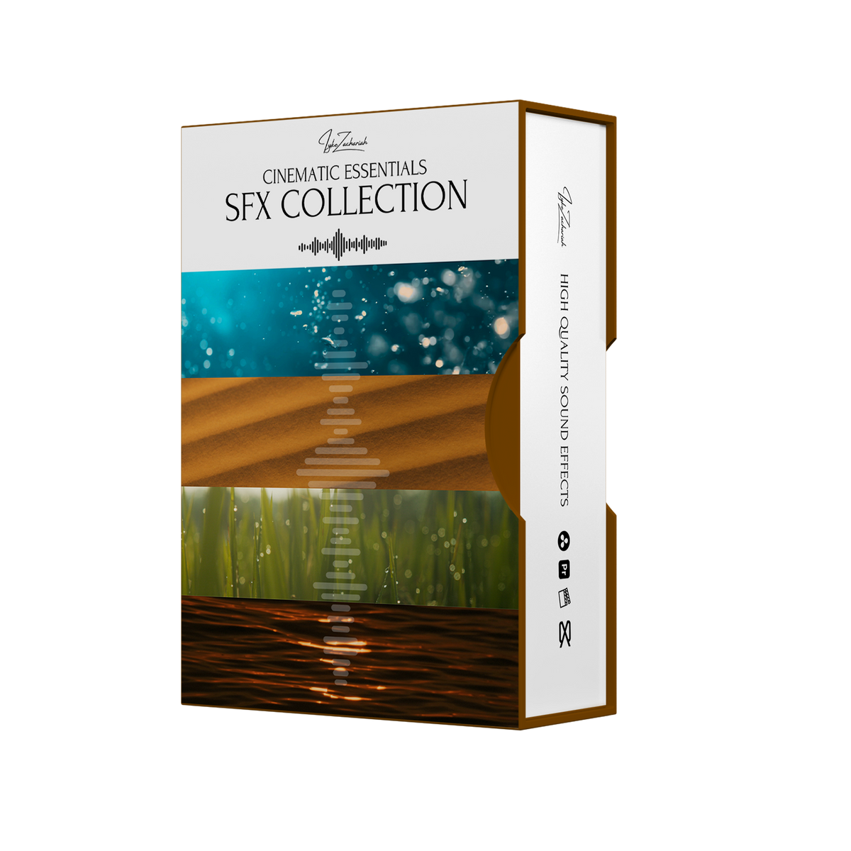 Cinematic Essentials SFX Collection product box with 100+ sounds for video editors, compatible with Resolve, Premiere, Final Cut and CapCut